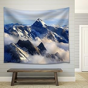 Landscape of Mountain Cook Peak with Mist from Helicopter, New Zealand - Fabric Wall Tapestry Home Decor - 51x60 inches