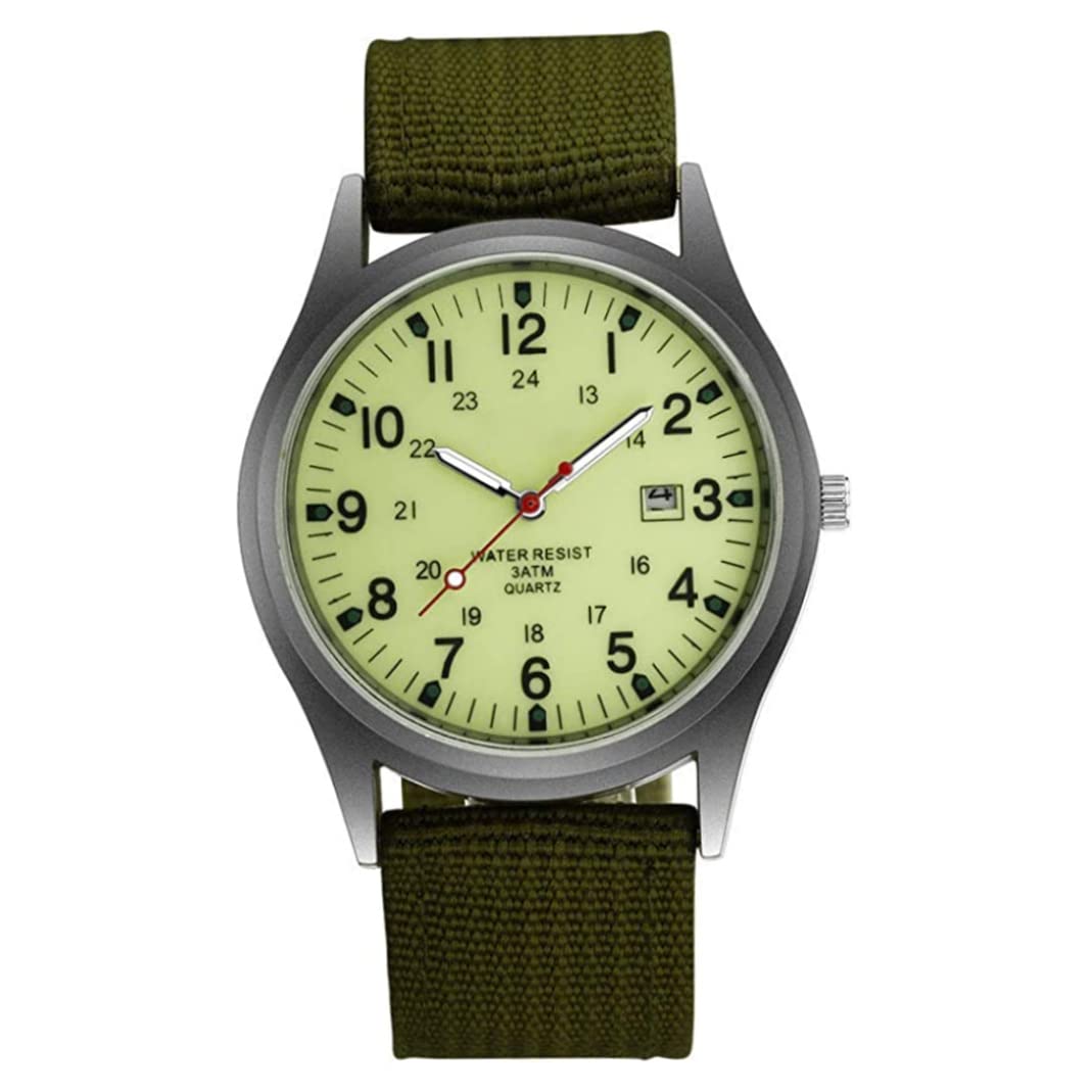 Mens Watch with Date Display Wrist Watch for Men Glow in The Dark Outdoor Mens Quartz with Green Nylon Strap for Men Gift, Quartz