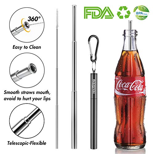 Reusable Straws - 2 Pack Telescopic Straws Stainless Steel Metal Drinking Straw (Black/Rose Gold)