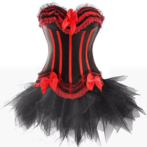 Frawirshau Gothic Halloween Lace up Corset Skirt Moulin Rouge Showgirl Clubwear Black Red 5XL