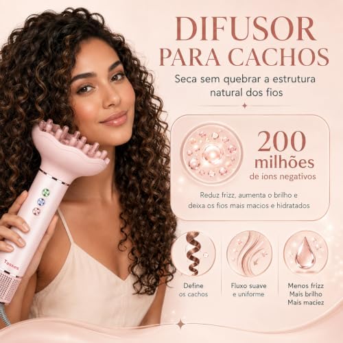 Secador de Cabelo Profissional 8 em 1 - Modelador de Cabelo, Escova de Ar Quente com Difusor, Modelador de Cachos e Secador Iônico, Ideal para Secagem e Ondulação Rápidas (Rosa-220-240V)