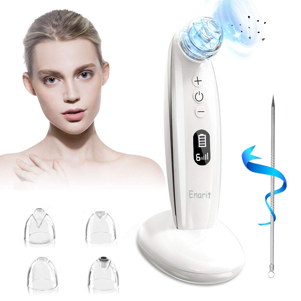 Blackhead Remover Pore Vacuum, Enarit Electric Blackhead Remover Vacuum with Base, Facial Blackhead Extractor Tool, USB and 4 different Suction Head Shape, LED Display 6 Level(White): Beauty