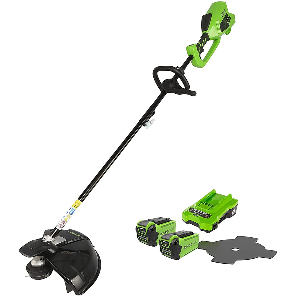 Greenworks 40V Cordless Brushcutter Grass Strimmer, Adjustable Height, 40cm Cutting Width, Bump Feed 2mm Nylon Line or 25cm Blade, 2 x 40V Battery & Charger, 3 Year Guarantee GD40BCK2X