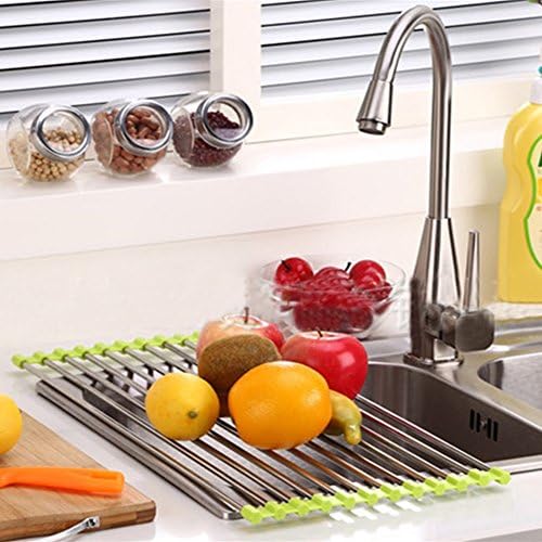 SEAPED Stainless Steel Roll-Up Dish Drying Rack Sink Rack Multifunctional Shelf Portable Drain Shelf Storage Drying Rack,Green