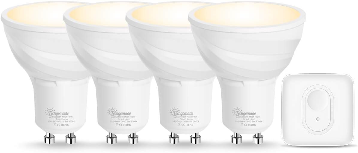 New Technology Bluetooth Mesh Smart Bulb GU10, Techgomade Smart Light Bulb, Remote Control, Voice Control(Alexa, Google Home, Siri), 3000K, 5W Equal to 50W, 450LM(4 Spot Bulbs+1 Mesh Hub) [Energy Class A+]