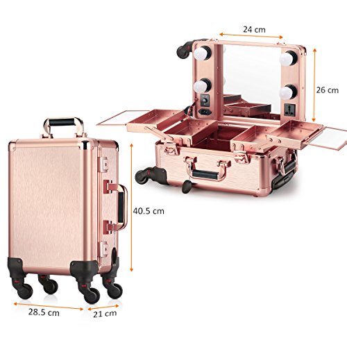 Ovonni Small LED Makeup Train Case, Lighted Rolling Travel Portable Cosmetic Organizer Box with Mirror and 4 Detachable Wheels, Professional Artist Trolley Studio Free Standing Workstation, Rose Gold