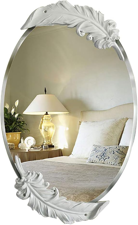 wall mirror Oceanindw Oval Frameless Premium Silver Backed Rectangle Mirrored Glass Panel Vanity/Decorated with Beautiful Feathers