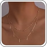 Andelaisi Boho Layered Satellite Chain Necklace Choker Tiny Bar Dangle Necklace Vintage Beaded Chain Necklace Mini Bar Pendant Necklace Jewelry for Women(Gold)