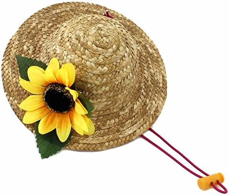 Beautiful 3D Sunflower Handcrafted Woven Straw Pet Hat Costume Cat Dog Hat Toy Hat Novelty Cosplay Farmer Hat w/ Adjustable Chin String