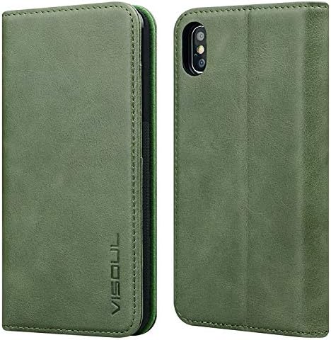 VISOULUK Case iPhone XS Max Leather Case Stand Cover, Flip Wallet Detachable Slim Leather Case with Card Slots ID Holder Magnetic Closure and Kickstand Feature for iPhone XS Max Gift Box (Olive Green)