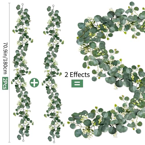 ROLLWAY Pack of 2 Eucalyptus Garland, Artificial Garland Plant, 1.8 m, Hanging Green Leaves, Decoration with White Flowers, Silver Dollar, Eucalyptus Vine, for Background, Wedding, Arch, Grey Green