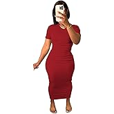 Women's Casual Short Sleeve Dress T Shirt Bodycon Dresses Ribbed V Neck Maxi Sundress Basic Party Club Dress with Pocket