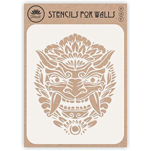 Barong Mask Stencil, 16.51 x 20.32 cm (S) - Balinese Mythology Panther-Like Creature of Bali Indonesian Stencils Template for Painting