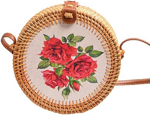 Handwoven Round Rattan Bag Shoulder Leather Straps Natural Chic Hand Gyryp