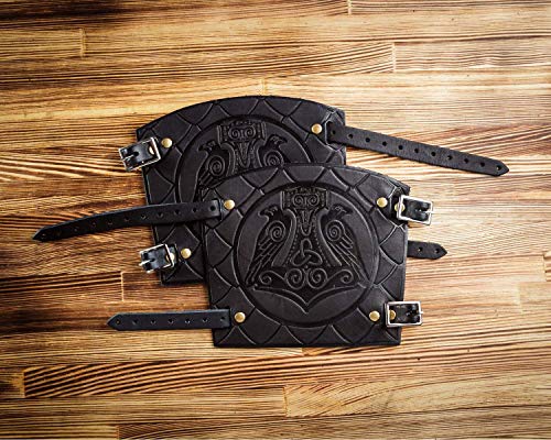 Halloween Viking Barbarian costume - Leather Cuff - Larp Gauntlet - Leather Wristbands - LARP Accessories Viking Bracers - Thor`s Hammer Ravens - Archery Armguard - Length 6"
