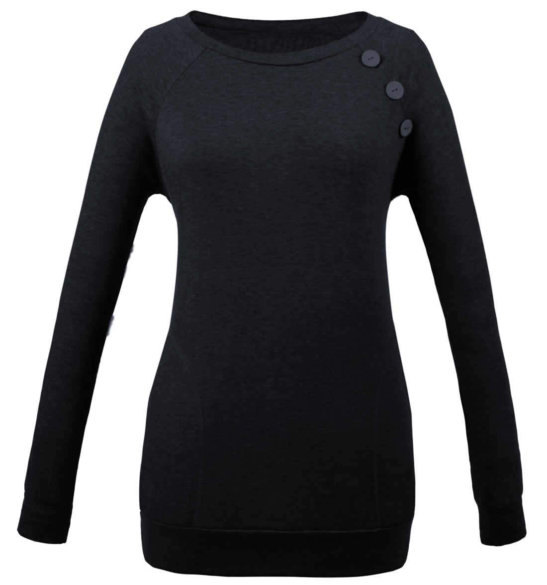Women\'s Long Sleeve T Shirt Crew Neck Button Casual Blouses Tops with Pocket Black, 3XL