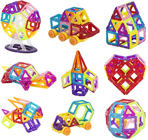 G-ikigai Magnetic Building Blocks - 50 + 50 Piece Set + 4pcs Wheels Kit - 3D Shiny Smooth Block Set for Kids 3+ Boys and Girls - Toddlers Educational Toy for Creativity - Perfect Tiles Magnet Strength