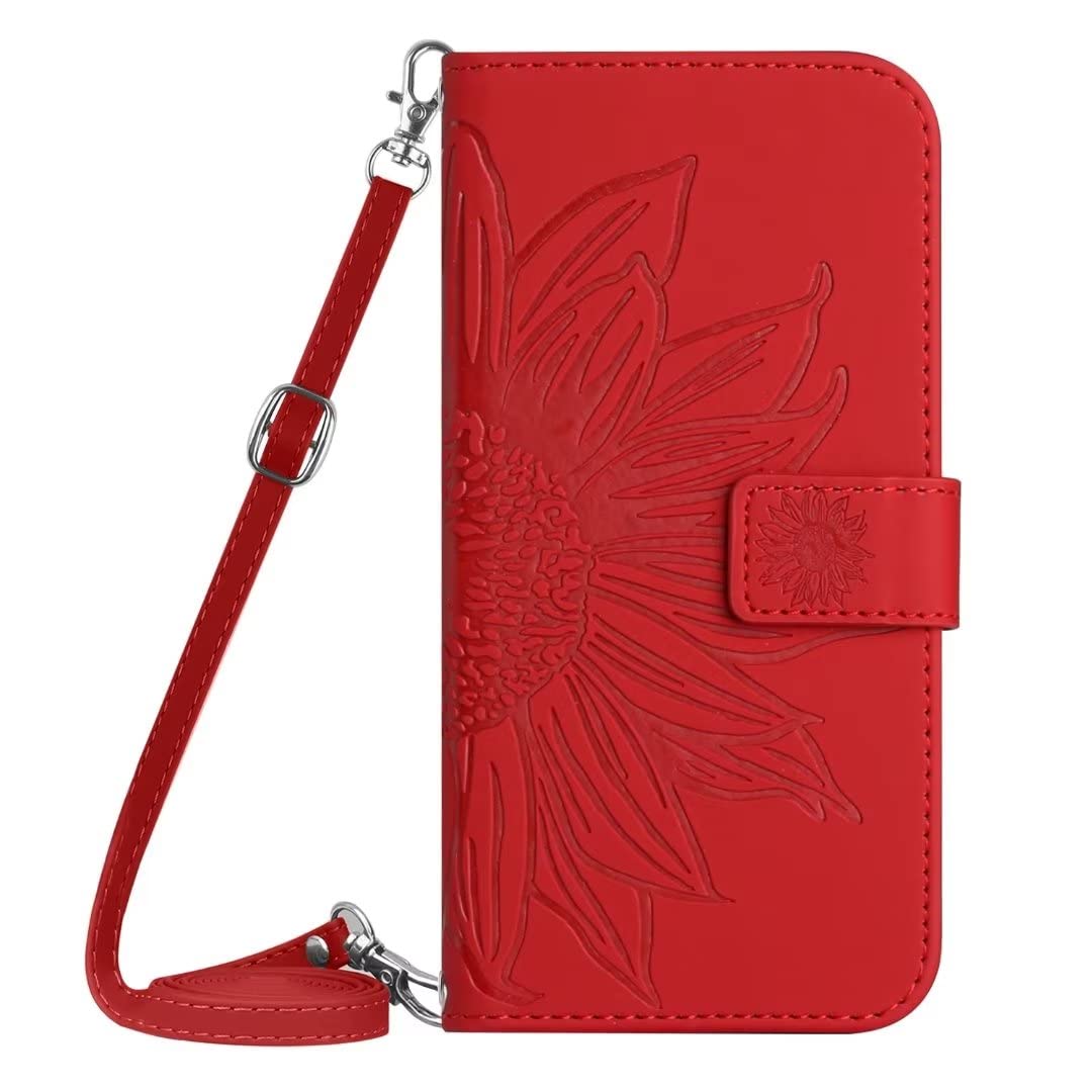 KRjcsfhy for iPhone 15 Pro Max Case with Card Holder Lanyard, Sunflower Magnetic Back Flip Case for iPhone 15 Pro Max Wallet Case for Women, Protective Case Phone Case for iPhone 15 Pro Max red