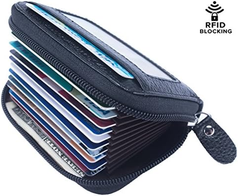 Genuine Leather Zipper Credit Card Wallet RFID Credit Card Protector ID Card Window Credit Card Holder Wallet (Horizontal Black)