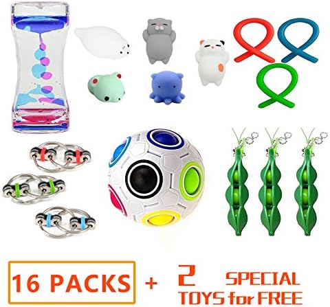 LINKCITY CREATIVE Special Funny 16 Pack Bundle Sensory Toys Set-Fidget Bike Chain/Liquid Motion Timer/Squeeze-A-Bean and Squeeze Toys Value Assortment-Stress Relax Toys for ADD/ADHD Child Adults