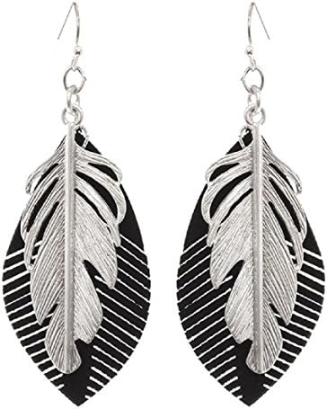 Black and Silver Leather Feather Earrings