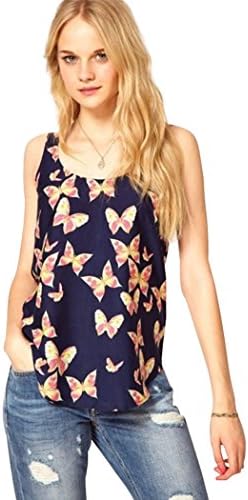 Vicheer Women's Cute Sleeveless Chiffon T Shirts Lovely Butterfly Printed Blouse L