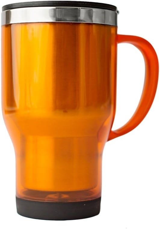 Stainless Lined Acrylic Orange Mug with Molded Handle and Lid, Orange, 16 Ounce
