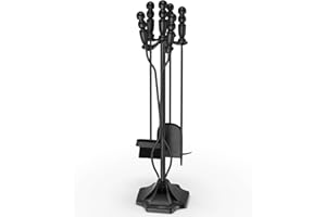 EVERYMOMENTCOUNTS GameXcel 5PC Fireplace Tools Set - Fireplace Accessories Tool Set with Stand - 32" Wrought Iron Heavy Duty - Indoor Outdoor Fire Pit Wood Stove Hearth - Poker Tongs Shovel Brush - Black