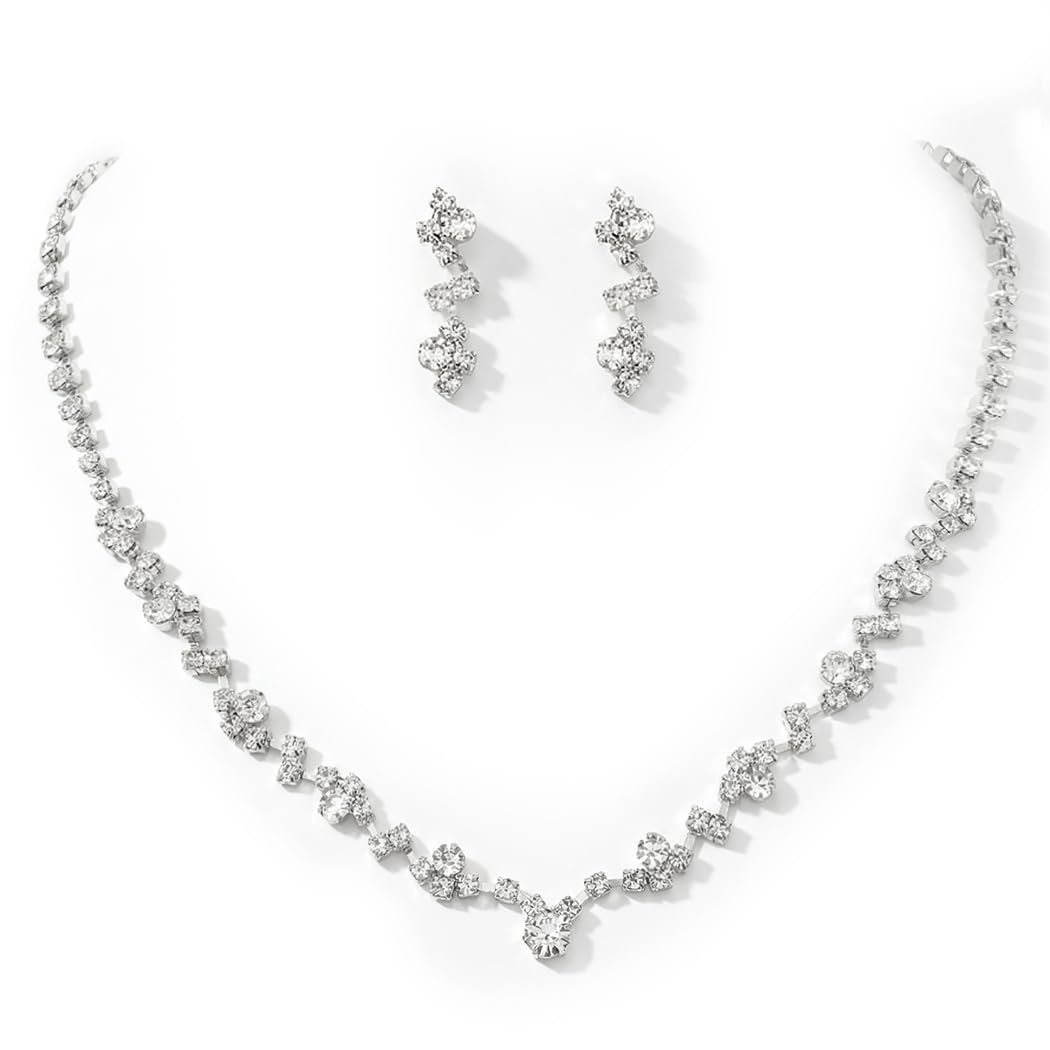 Unicra Silver Wedding Jewelry Sets Formal Bridal Jewelry Set Rhinestone Prom Necklace for Women and Brides