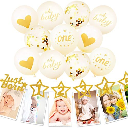 LoveS 1st Birthday Glitter Decorations Monthy Milestone Photo Banner for Newborn to 12 months, 20pcs Balloons with Ribbon (Gold, Confetti)