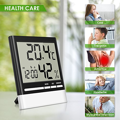 Temperature Hygrometer, EIVOTOR Indoor Thermometers Humidity Monitor with LCD Display, Home Digital Dual Wall Alarm Clock with Day, Date - Battery Included - Thumbnail 2