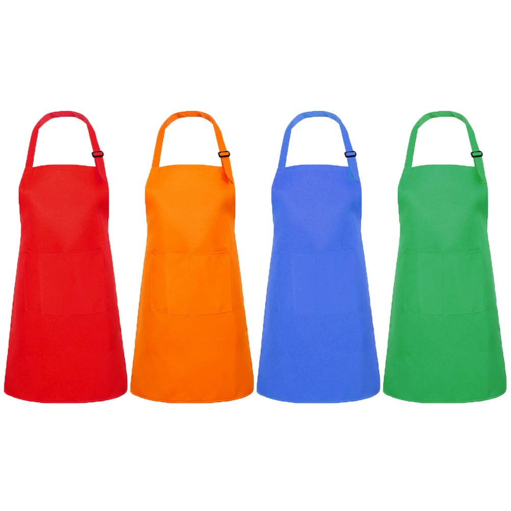 nuoshen 4 Pcs Kids Apron with Pocket, Girl Boy Aprons Children Adjustable Chef Apron For Painting Cooking (Large)