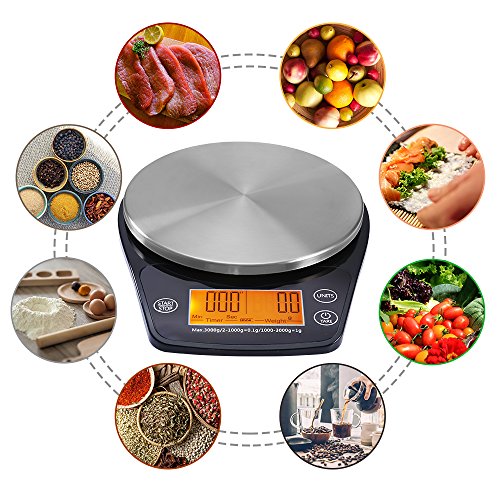 ERAVSOW Coffee Scale with Timer, Digital Hand Drip Coffee Scales,Stainless Steel Kitchen Food Weight Scale with Precision Sensors LCD Display & Hanger Hole 6.6lb/3kg (Batteries Include)