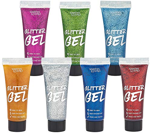 Body Glitter Paint Gel - 7 Color Costume Set for Women, Girls - 10 ml Tubes Holographic Shimmer Effect for Hair, Body, Face - Great for Festival, Costume Party, Halloween - by Splashes and Spills - Thumbnail 5