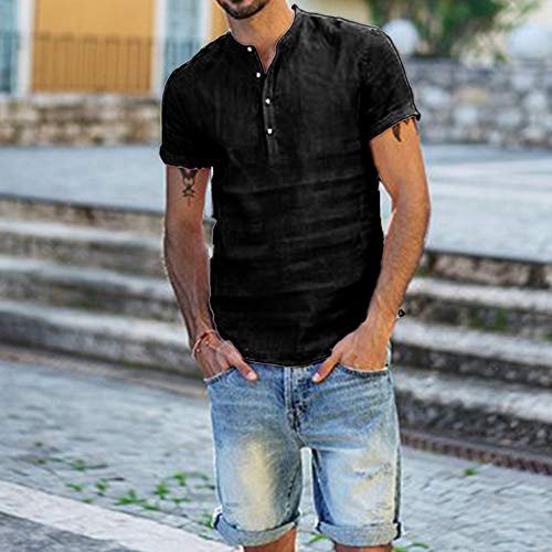 Loalirando-Camicia-da-Uomo-Manica-Corta-Camicia-Uomo-Slim-Fit-Magliette-Uomo-Tinta-Unita-Cotone-LinoM-3XL