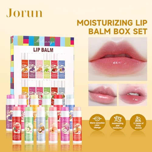 LBOYLOVE® 12 Pcs Lip Balm Set - 12 Flavors Moisturiser Natural Organic Change Color Lip Balm Multipack Care Stick - Vegan lip balm for Kids Mens Girls Womens, Vegan Lips Care