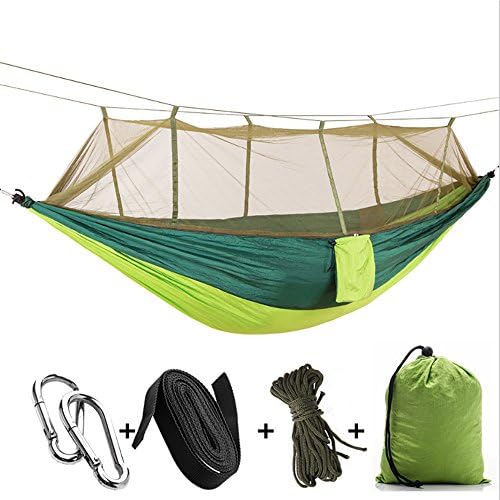 BUMOVE Camping Hammock Lightweight Parachute Nylon Portable Double Camping Hammocks with Mosquito Net For Backpacking, Camping, Travel, Beach, Yard. (Dark Green/Green, 55"W x 108"L)