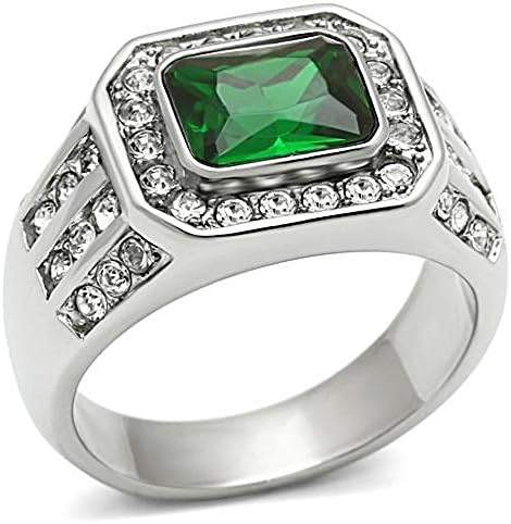 Vip Jewelry Co Men's 3.45 Ct Emerald Cut Green Emerald CZ Silver Stainless Steel Ring Size 8-14