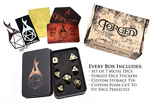 Forged Dice Co. Metal Polyhedral Dice (Set of 7 Polyhedral w/Tin, Ancient Gold w/Black Numbers Set of 7 Polyhedral w/Tin)