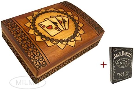 Polish Wooden Double Deck Playing Cards Box Handmade Lined Wood Keepsake Box with Jack Daniel's Playing Cards