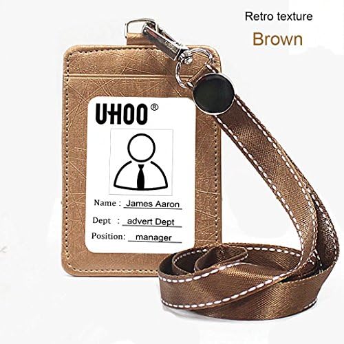 Badge Holder, PU Leather ID Card Badge Holder with Neck Lanyard/Strap, 1 ID Window and 1 Card Slot Can Hold 3 Cards(Retro texture brown)
