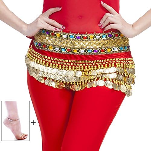 MutresoBelly Dance Hip Scarf with 248 Gold Coins 150cm Colorful Gem Belt Profession Velvet Performance Skirt Hip Wrap