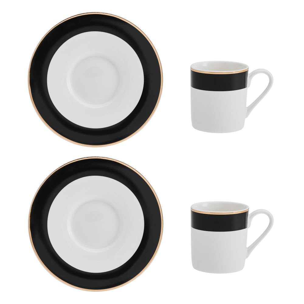 MIKASA Luxe Deco 2pc Fine China Espresso Cup & Saucer Set - Band Pattern, 100ml, Gift Boxed