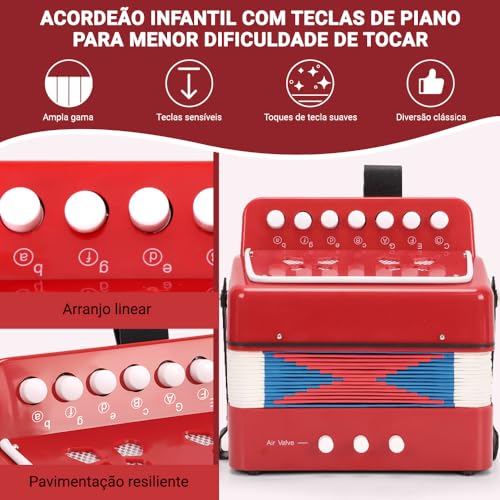 Acordeão para Iniciantes com 7 Teclas e 2 Botões, Acordeão Vermelho Compacto, Instrumento Musical Leve para Estudo e Prática