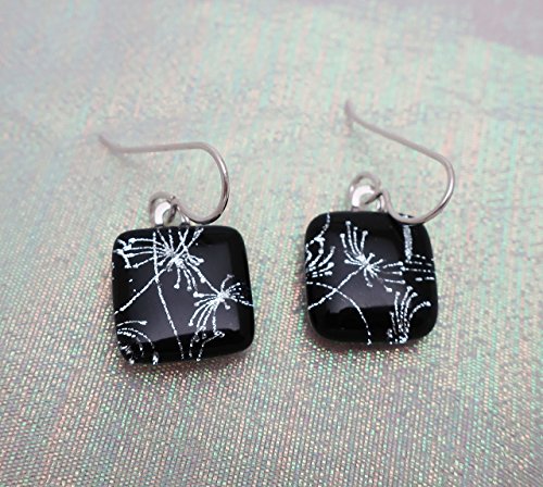 Petite fireworks sparklers silver black fused dichroic glass dangle earrings .925 Sterling ear wires