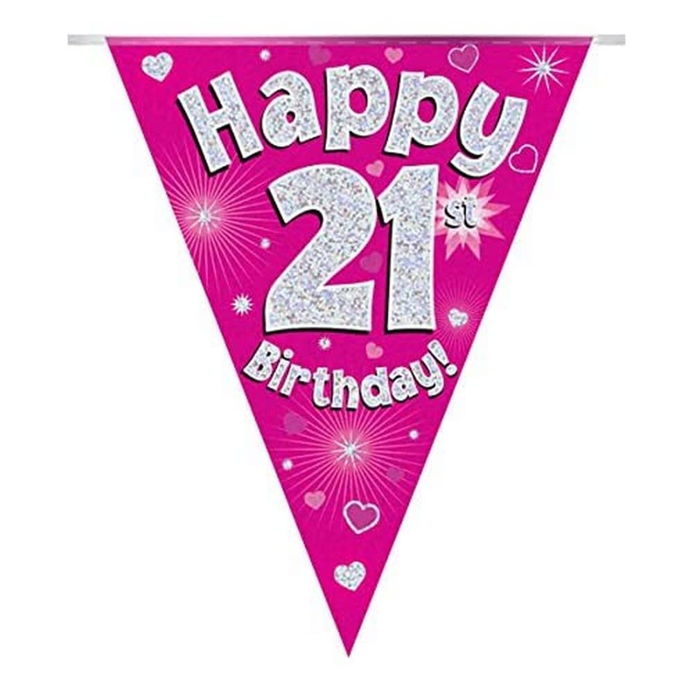 Party Bunting Happy 21st Birthday Pink Holographic 11 flags 3.9m
