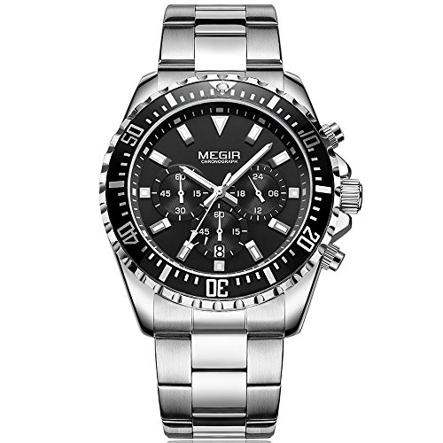 Mans Stainless Steel Chronograph Quartz Watch Luminous 24-Hour Dispaly Wristwatches for Boys Men