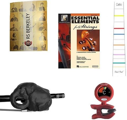 Cello Players Instructional Pack (For 4/4 Full Size Cello)- Essential Beginners Pack for the Cello Includes: Black Cellophant Bow Hold Cello Teaching Aid, Don't Fret Position Indicator for 4/4 Size Cello, Band Folder, Essential Elements 2000 Book 1 for Cello, & Tuner & Metronome