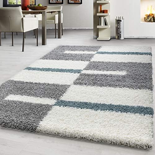 Modern designer shaggy rugs striped and checkered motifs with the colors beige green gray light gray purple red taupe terra turquoise different color and size 2505, Color:Turquoise, Size:240x340 cm