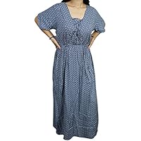 Mogul Interior Womens Fall Fashion Dress Blue Blood Printed Holiday Resort Evening Maxi Dresses